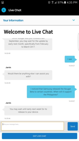 Conversazione tra utente e Samsung Filippine
